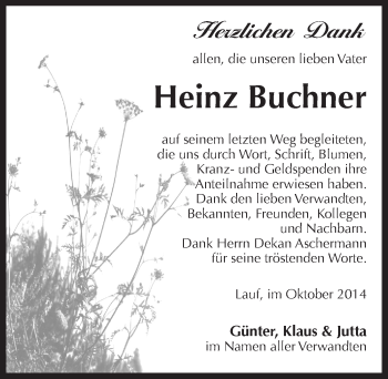 Traueranzeige von Heinz Buchner von Pegnitz-Zeitung